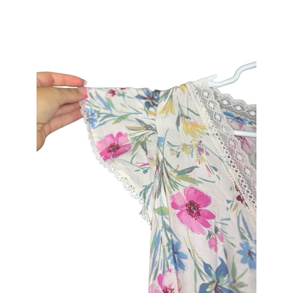 Gap Lace-Trim V-Neck Crepe Maxi Dress Small White Floral Pink Blue Cottagecore - Picture 6 of 11